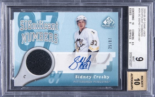 2005-06 SP Game Used Significant Numbers #SN-SC Sidney Crosby Signed Rookie Patch Card (#25/87) - BGS MINT 9/BGS 10